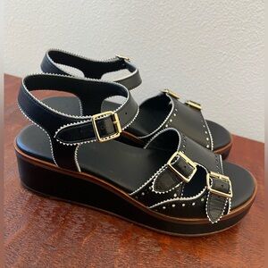 The Office of Angela Scott Sandals Wedged Black and white trim sz 38